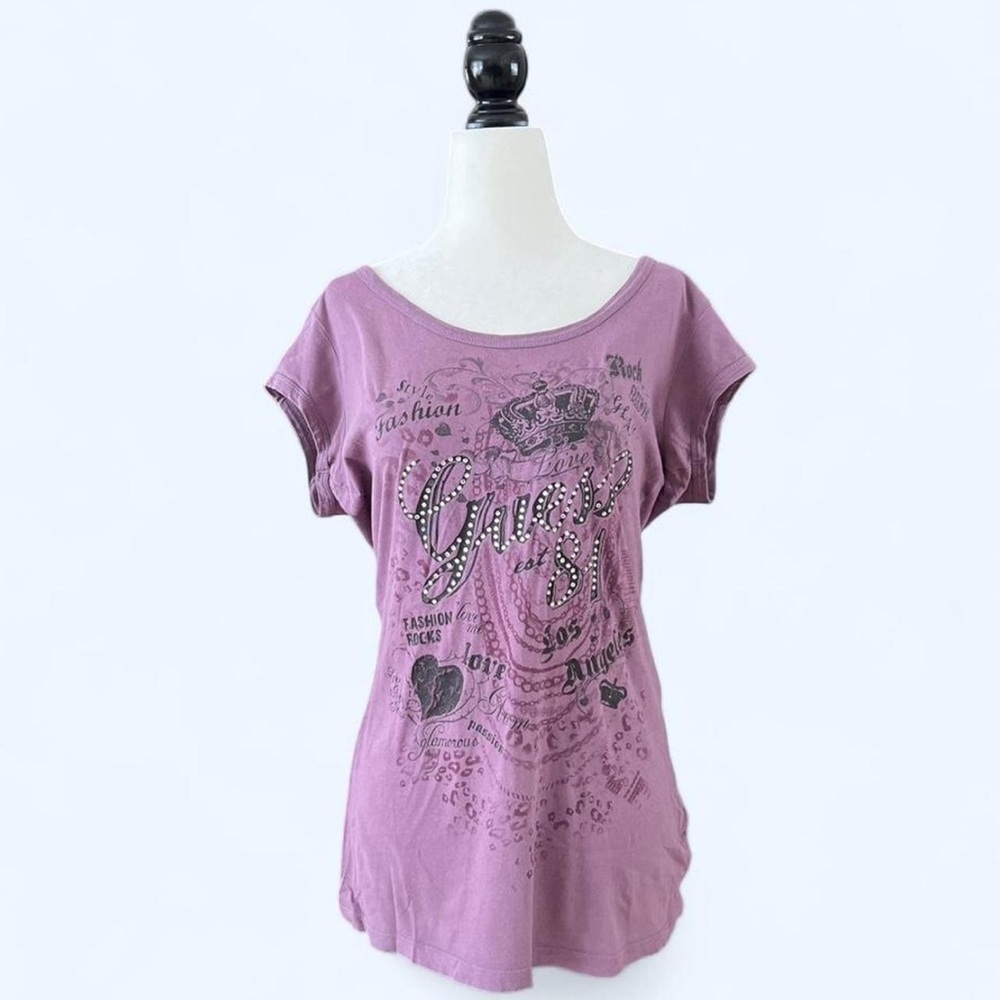 Guess Womens Purple Graphic Rhinestone Shirt Grunge Alt Girl Short Sleeve Large - Picture 2 of 6